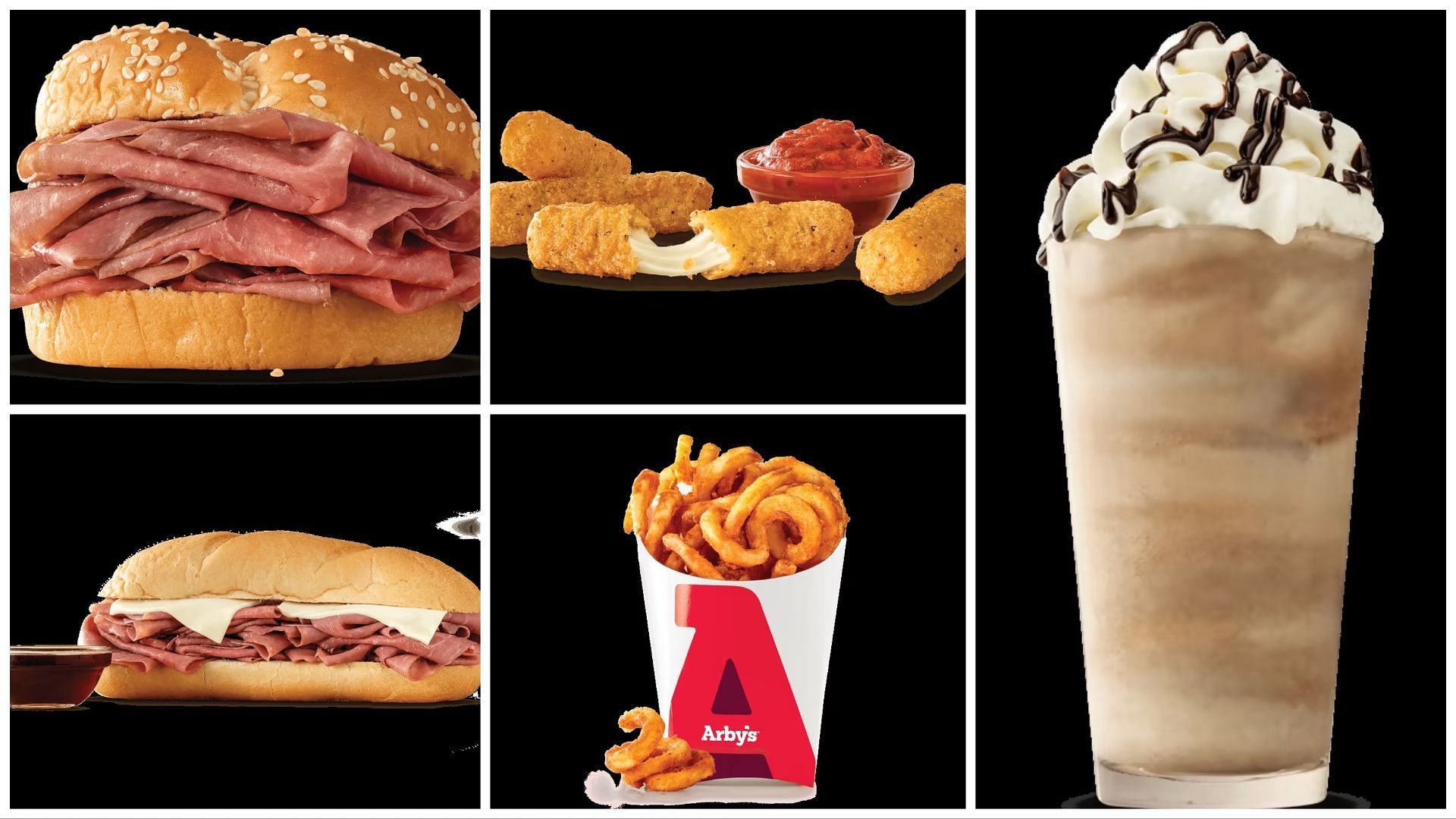 The curly fries cost $1, the roast beef sandwich costs $2, the mozzarella sticks cost $2, the jamocha shake costs $2, and the French dip & swiss cost $3 (Image via Arby's)